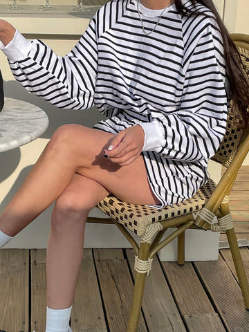 DAZY Women'S Loose Striped Sweatshirt And Shorts Two-Piece Set