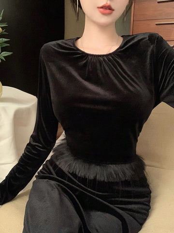 DAZY Women'S Monochrome Plush Hem Trimmed Top And High Split Skirt Two Piece Set