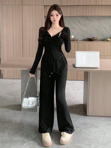 DAZY Women'S Ribbed Front Buttoned Top And Long Pants Set
