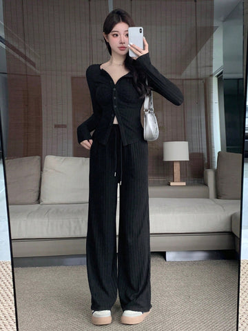 DAZY Women'S Ribbed Front Buttoned Top And Long Pants Set
