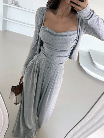 DAZY Women'S Short Jacket, Pleated Camisole Top And Wide Leg Pants 2pcs Outfit Set