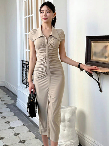 DAZY Women'S Slim Fit Collared Pleated Dress