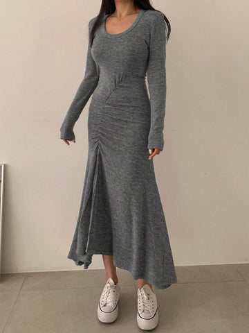 DAZY Women'S Solid Color Asymmetrical Hem Pleated Dress