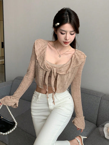 DAZY Women'S Solid Color Cardigan And Knitted Camisole 2pcs/Set