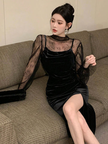 DAZY Women'S Stand Collar Lace Top & Velvet Spaghetti Strap Dress With High Slit Hem Two-Piece Set