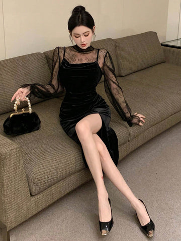 DAZY Women'S Stand Collar Lace Top & Velvet Spaghetti Strap Dress With High Slit Hem Two-Piece Set