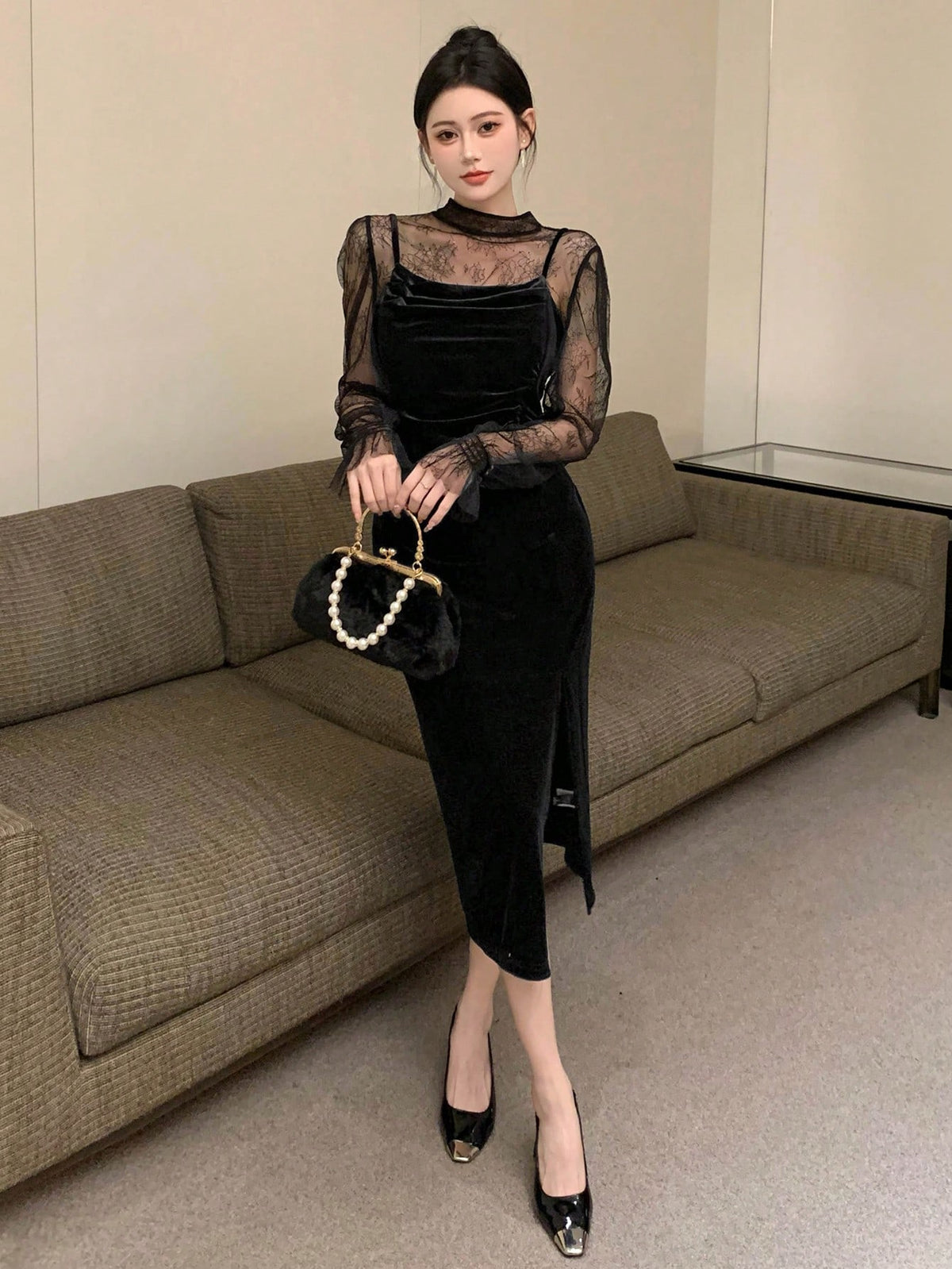 DAZY Women'S Stand Collar Lace Top & Velvet Spaghetti Strap Dress With High Slit Hem Two-Piece Set