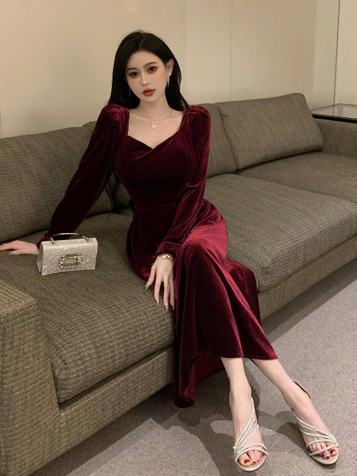 DAZY Women'S Sweetheart Neckline Long Sleeve Dress