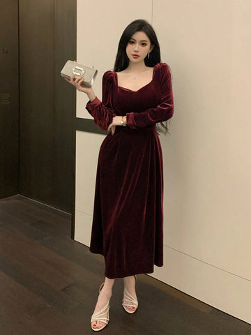 DAZY Women'S Sweetheart Neckline Long Sleeve Dress