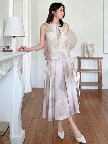 DAZY Women 2-Piece Chiffon Printed Sleeveless Top And A-Line Skirt Set
