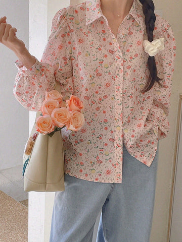 DAZY Women All-Over Print Casual Summer Vacation Long Sleeve Blouse