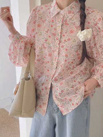 DAZY Women All-Over Print Casual Summer Vacation Long Sleeve Blouse