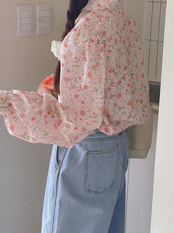 DAZY Women All-Over Print Casual Summer Vacation Long Sleeve Blouse