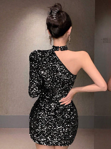 DAZY Women Asymmetric Sequin Tie Detail Bodycon Mini Dress, Party/Banquet Wear