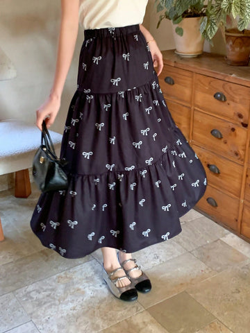 DAZY Women Bow Tie Full Print Casual Loose Skirt