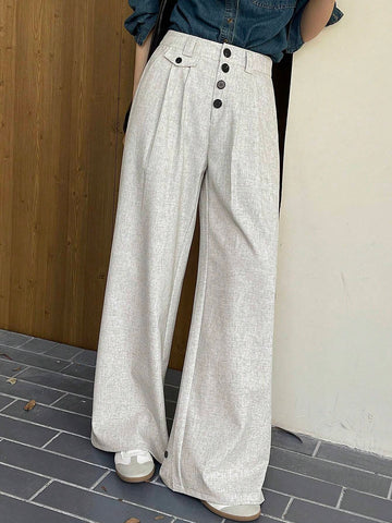 DAZY Women Casual Button Front Slant Pockets Pleated Wide Leg Pants