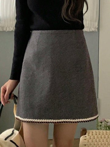 DAZY Women Casual Contrast Color Webbing Panel A-Line Skirt For Autumn & Winter