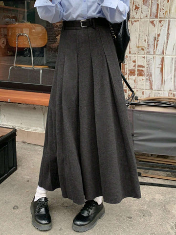 DAZY Women Casual Pleated Mid-Calf Length A-Line Skirt, Without Belt