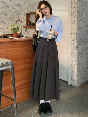 DAZY Women Casual Pleated Mid-Calf Length A-Line Skirt, Without Belt