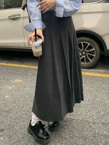 DAZY Women Casual Pleated Mid-Calf Length A-Line Skirt, Without Belt