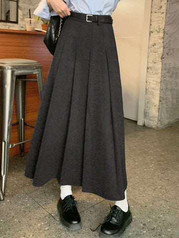 DAZY Women Casual Pleated Mid-Calf Length A-Line Skirt, Without Belt