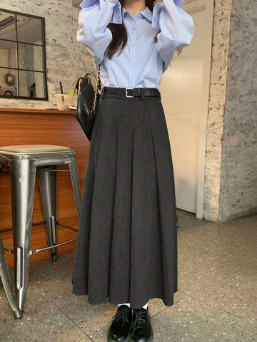 DAZY Women Casual Pleated Mid-Calf Length A-Line Skirt, Without Belt