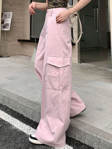 DAZY Women Casual Solid Color Flap Pocket Wide Leg Pants