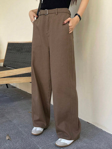 DAZY Women Casual Solid Color Waistband Pocket Pants
