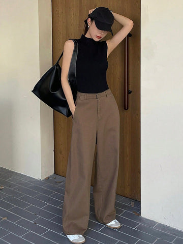 DAZY Women Casual Solid Color Waistband Pocket Pants