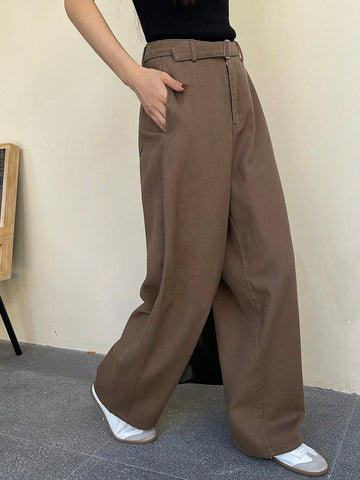 DAZY Women Casual Solid Color Waistband Pocket Pants