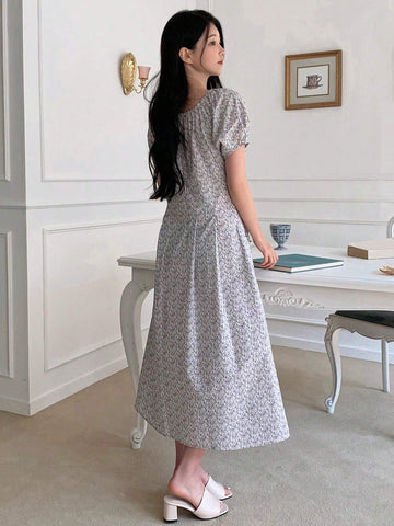 DAZY Women Casual Summer Floral Print Bubble Sleeve Dress