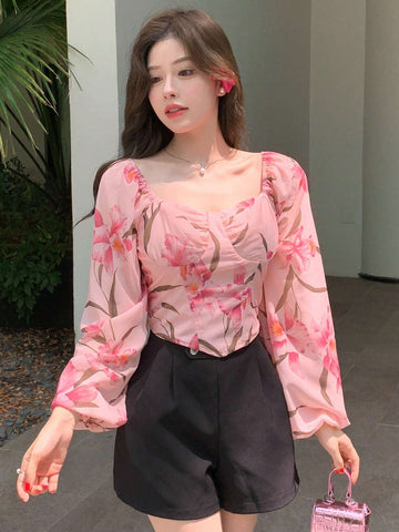DAZY Women Chiffon Floral Print Long Sleeve Shirt
