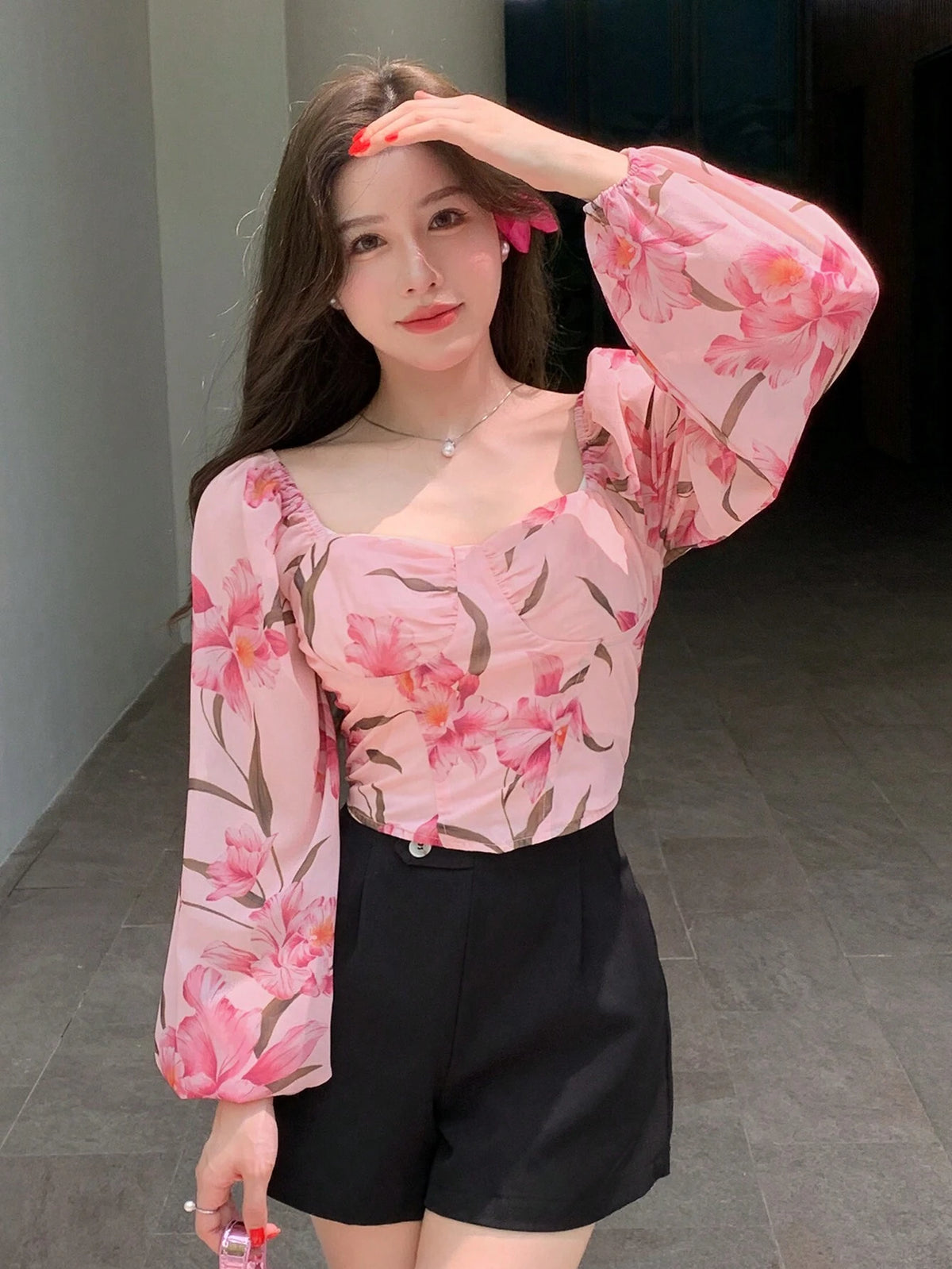 DAZY Women Chiffon Floral Print Long Sleeve Shirt