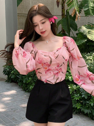DAZY Women Chiffon Floral Print Long Sleeve Shirt