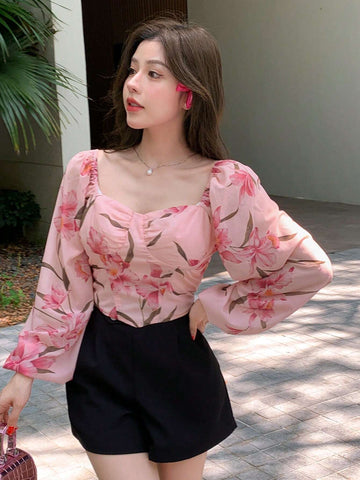 DAZY Women Chiffon Floral Print Long Sleeve Shirt