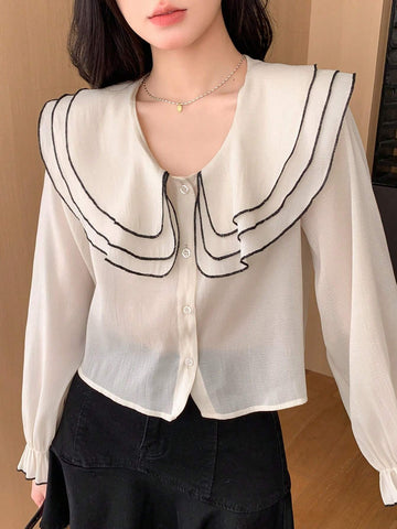 DAZY Women Color-Block Doll Collar Shirt With Embellished Edges