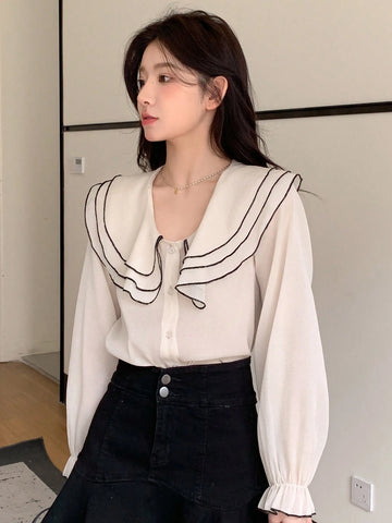 DAZY Women Color-Block Doll Collar Shirt With Embellished Edges