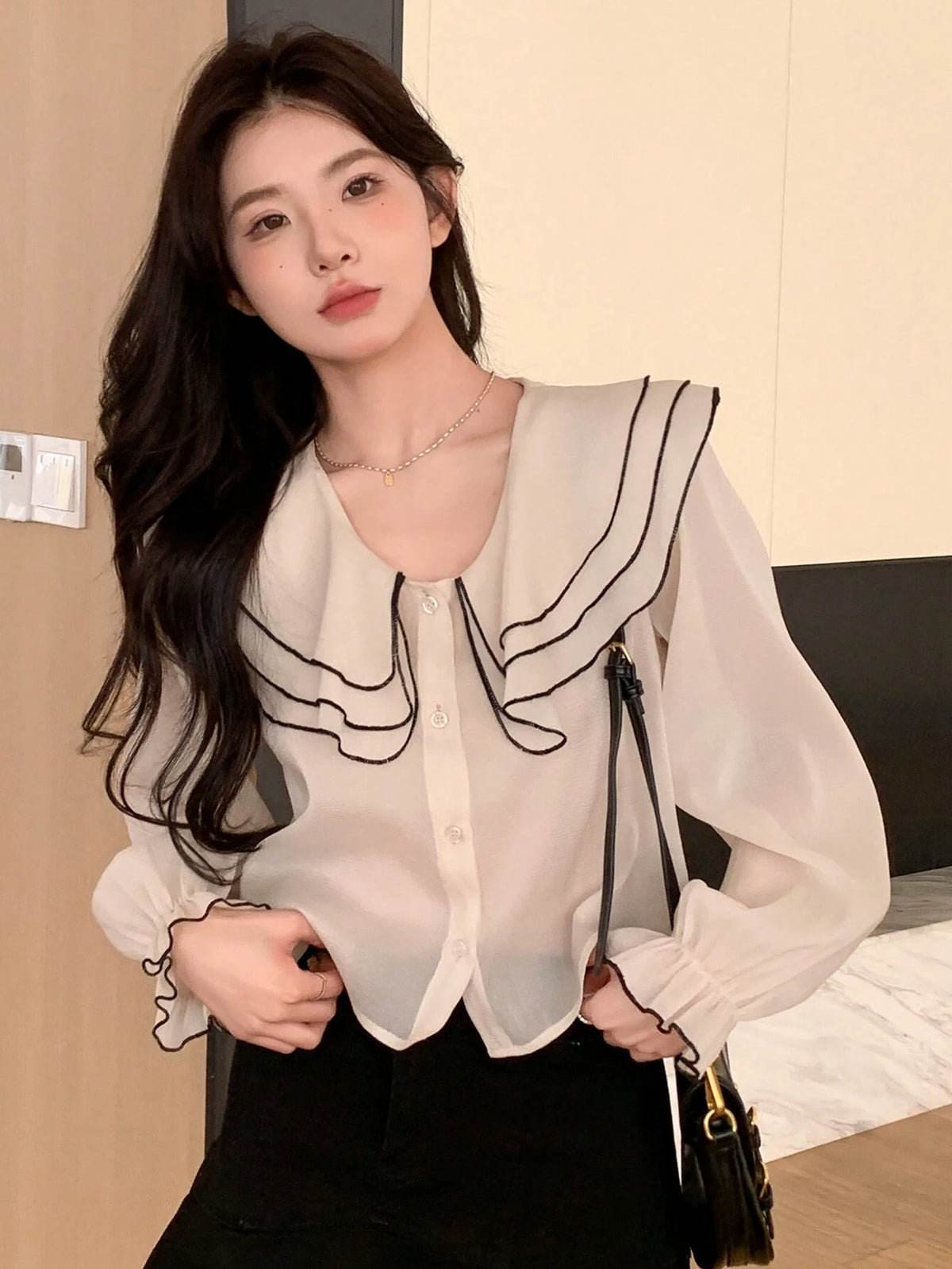 DAZY Women Color-Block Doll Collar Shirt With Embellished Edges