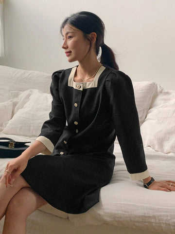 DAZY Women Color Block Puff Sleeve Single-Breasted Elegant Dress
