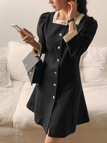 DAZY Women Color Block Puff Sleeve Single-Breasted Elegant Dress