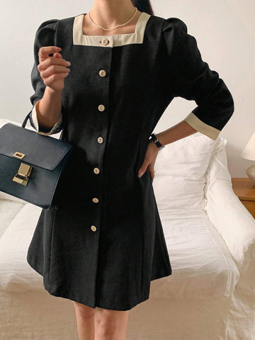 DAZY Women Color Block Puff Sleeve Single-Breasted Elegant Dress