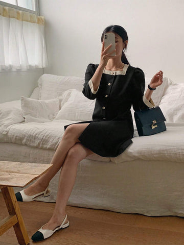 DAZY Women Color Block Puff Sleeve Single-Breasted Elegant Dress
