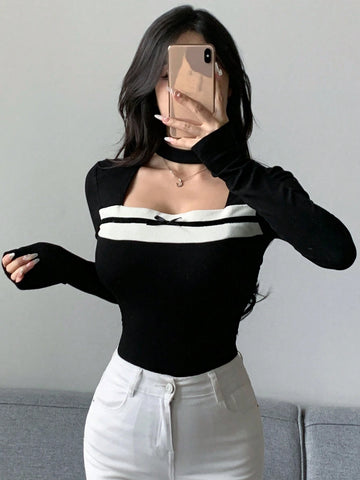 Women Colorblock Rib Knit Tie Bow Decor Long Sleeve T-Shirt, Casual & Holiday