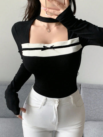 Women Colorblock Rib Knit Tie Bow Decor Long Sleeve T-Shirt, Casual & Holiday