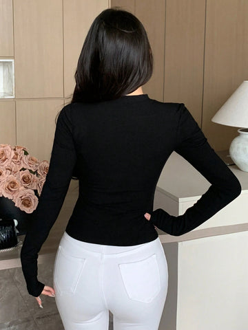 Women Colorblock Rib Knit Tie Bow Decor Long Sleeve T-Shirt, Casual & Holiday