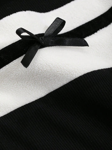 Women Colorblock Rib Knit Tie Bow Decor Long Sleeve T-Shirt, Casual & Holiday