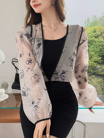 DAZY Women Colorblock Sheer Long Sleeve Floral Shirt With Piping Detail
