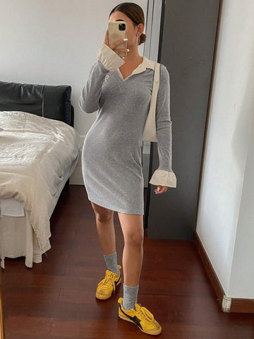 DAZY Women Contrast Color Splicing 2 In 1 Pattern Printed Slim Fit Long Sleeve Mini Dress