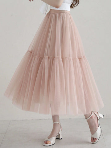 DAZY Women Elegant Midi Mesh A-Line Skirt