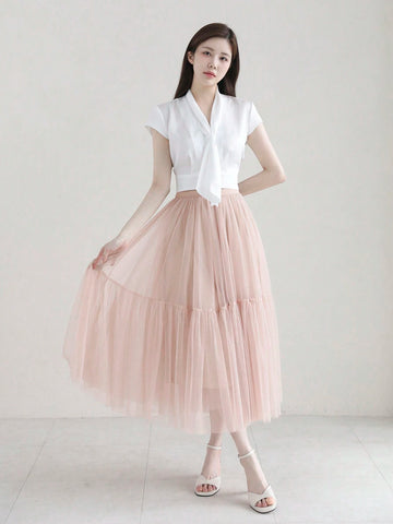 DAZY Women Elegant Midi Mesh A-Line Skirt